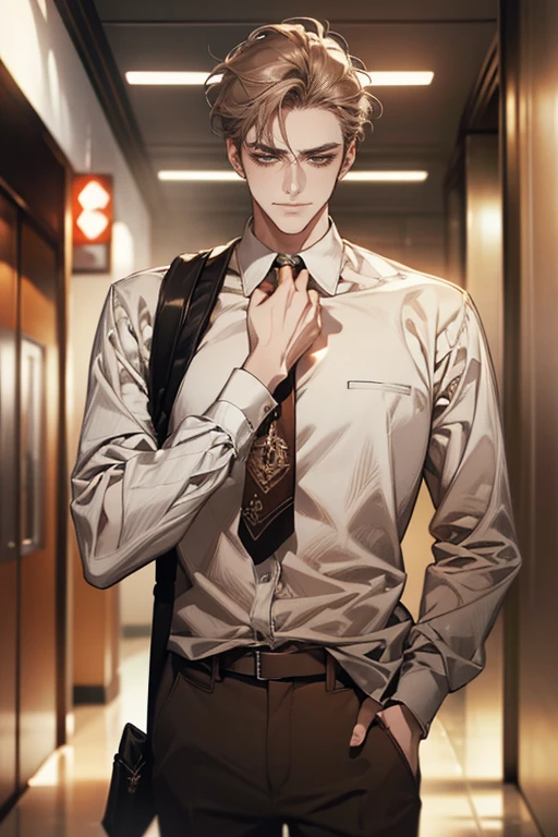(tmasterpiece, high resolution, ultra - detailed:1.0), (1 boy, Young male, masculine face), Perfect male body, tall and strong, Adult male, Delicate eyes and delicate face, Extremely detailed CG, Unity 8k wallpaper, Complicated details, Detailed face, (gray brown hair, messy hair, serious faces, white shirts,Bad students), (frown,evil smile:1.3), stad in school corridor, street style, color difference, Depth of field, dramatic shadow, Ray tracing, Best quality, Cinematic lighting, offcial art,Portrait