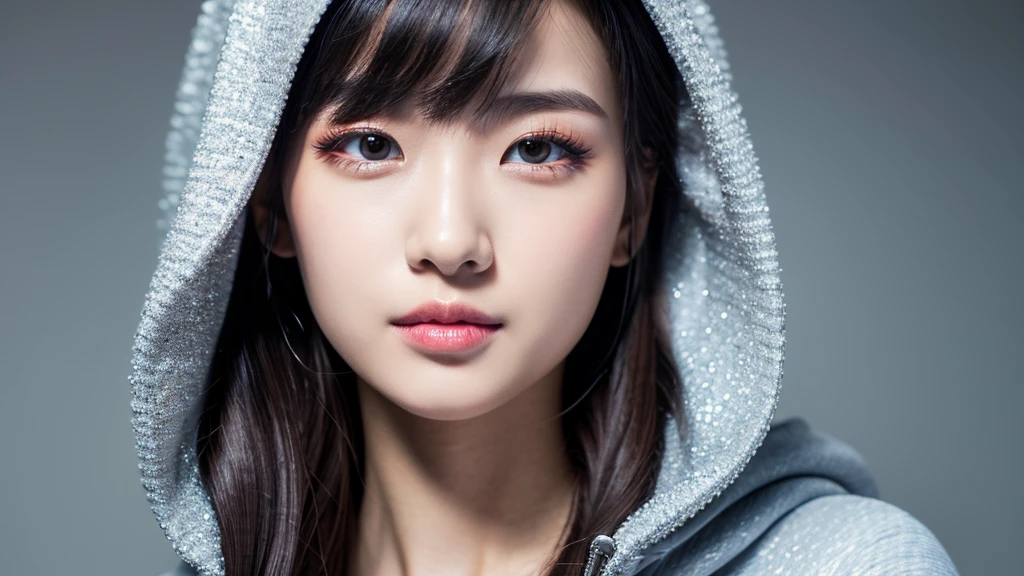 (Detailed face),vivid,Silver glitter hoodie,4K,Ultra-high resolution,（Photorealistic：1.7）,Gray background,Long black hair,
