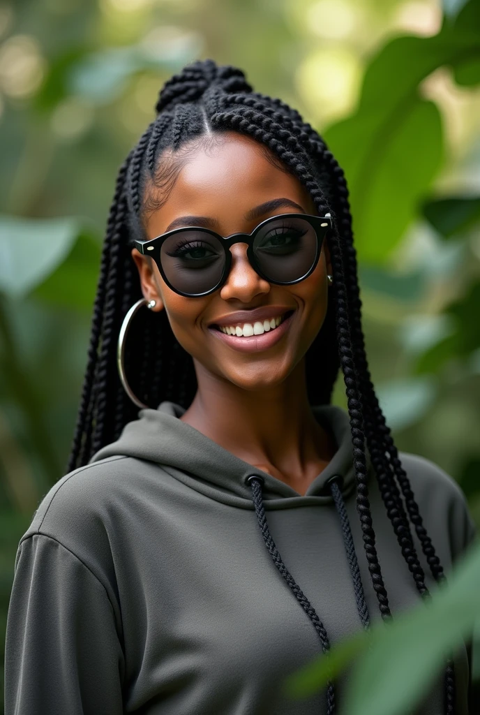 (photorealism:1.2), beautiful black African woman,22 years,baby face,sharp boobs, smiling,wearing a fitting hoodie written "KINUTHiA",long braids, black oversized photo chromatic glasses with grey lenses, standing , realistic intricate details,plants in background.Cardi B inspiration