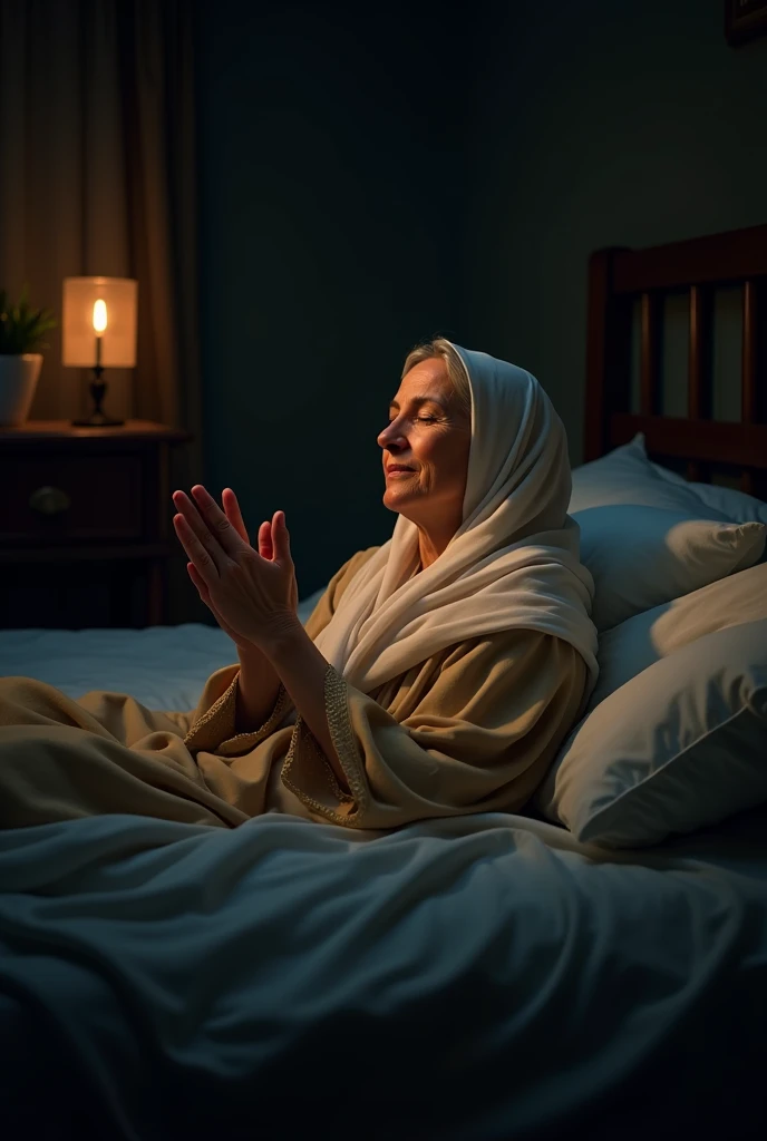 At night, a middle-aged lady is lying in bed with a blanket on her, raising both hands and praying to the Lord. The scene will be Arabic.