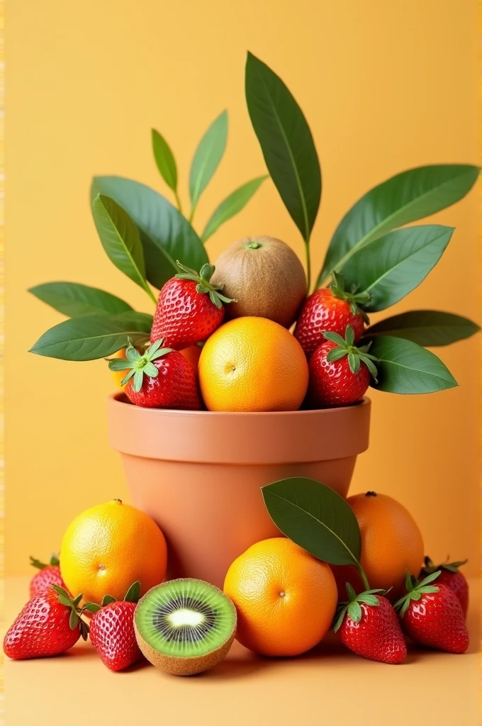 Create another one with the following information Vitamin C: A composition of fruits rich in vitamin C (orange, kiwi, strawberry) in a pot at the zelital angle