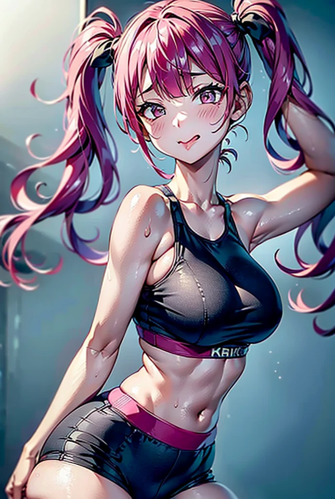 Grey sports bra、Shorts、Twin tails、Pink Hair、Sweating profusely、Damp clothes、High resolution, high quality, Textured skin, Sticking out tongue, 