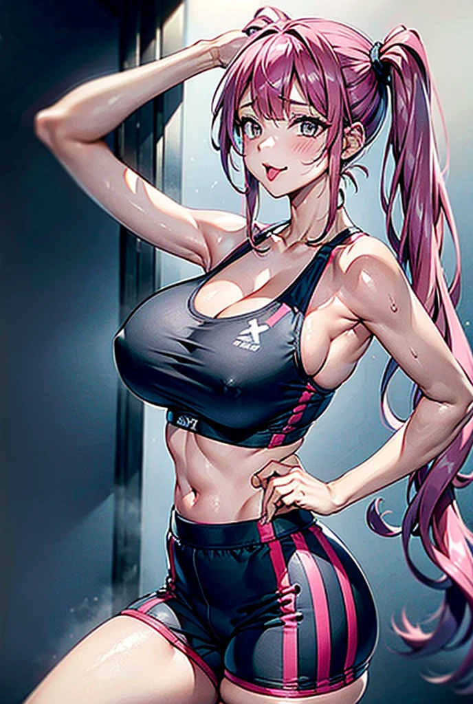 Grey sports bra、Shorts、Twin tails、Pink Hair、Sweating profusely、Damp clothes、High resolution, high quality, Textured skin, Sticking out tongue,