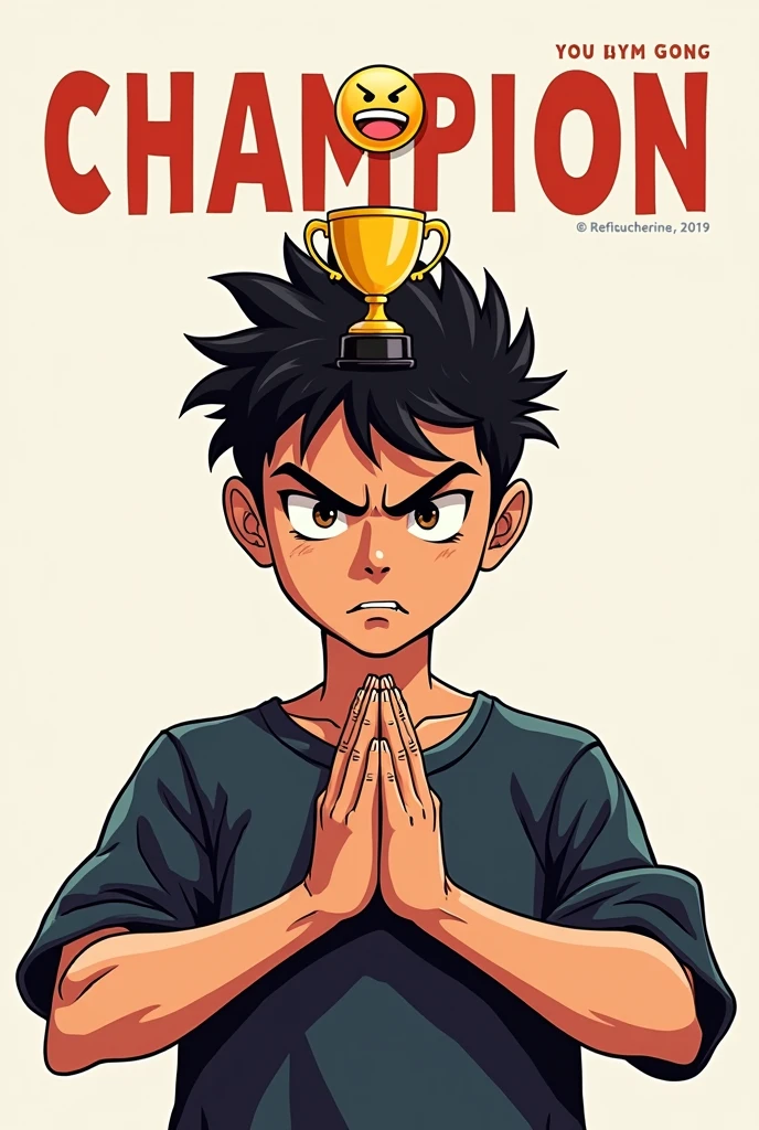 Create and ep cover with a boy with an angry face with his hands in a praying style and the word champion and an emoji trophy above his head