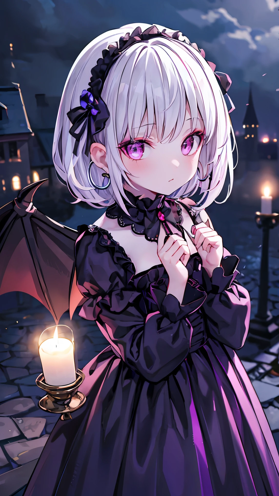 ((masterpiece)), ((best quality)), perfect detailed eyes, perfect detailed face, white hair, medium hair, forehead jewel, hollow eyes, hoop earrings, big ribbon, makeup, turn pale, white skin, shaded, Baroque, cinematic lighting, high quality, accurate, 8k, Vampire, gothic ****ta style dress, dark blue dress, bats in the background, dark fantasy, horror, Candlelight on a dark night, old castle, abandoned castle, spider web in the background