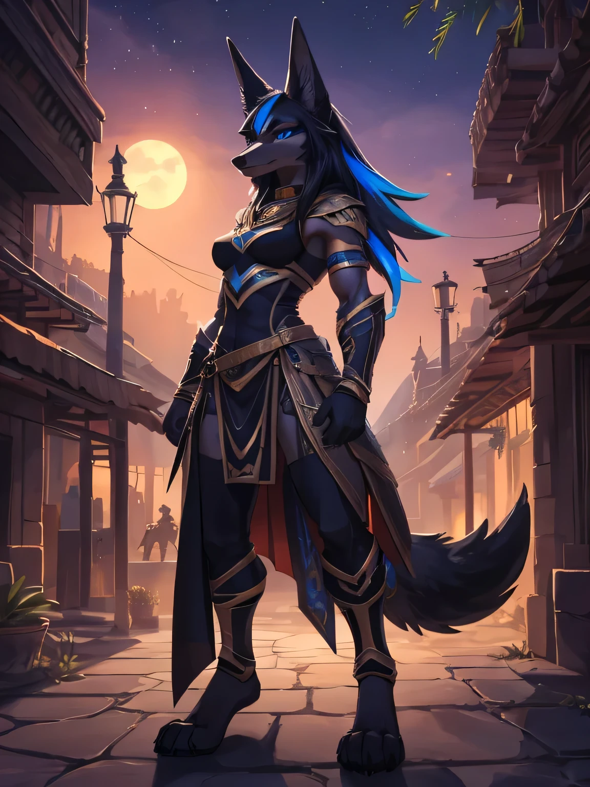 a furry drawing of a female jackal, on her side, near a lake, palm trees, ((at night 1.2)), full body picture, blue eyes, digitigrade legs, wolf paws, wolf foot paws, wearing golden jackal armor with blue highlights, jackal warrior, attractive jackal girl, female anubis, ((black hair with blue highlights 1.2)), ((Detailed eyes 1.2)), ((Detailed hands 1.5)), black muzzle, solo, alone, wolf tail, furry tail, jackal tail, anthropomorphic jackal ninja, furry fantasy art, anthromorphic jackal, jackal girl, female anthropomorphic wolf, anthropomorphic female jackal, side view, head turned toward viewer