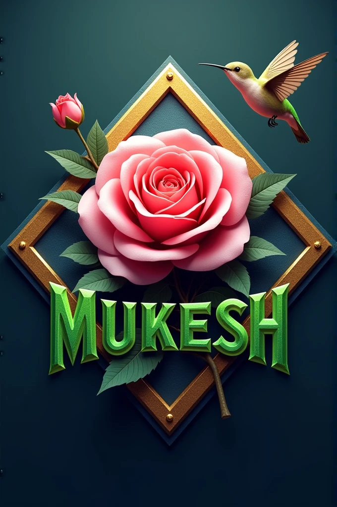 Design a 3D logo that feels both modern and organic. The main element is a three-dimensional pink rose with golden highlights. Surround the rose with a geometric, metallic border in deep blue and gold. In front of the rose, place the name "MUKESH" in bold, green 3D letters with gold outlines. Add a hummingbird to the composition, as if it’s just about to land on the rose, adding a sense of liveliness to the design.