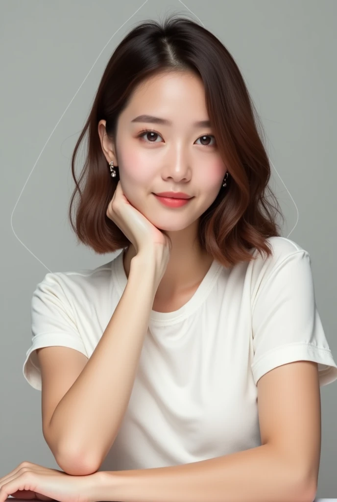 軽めのLayer Styles、human、Transparencyのある女性、young、White T-shirt、Reduces neck volume、Fair-skinned pretty woman、No blunt ends、Layer Styles、Body is at an angle、looking at the camera、Tilt your head、Hair that does not curl and reaches below the collarbone、Brown color、Outline of an inverted triangle、Big eyes、Smile a little、Straight hair、high resolution、Classy woman、Pull your chin in、A sophisticated and stylish woman、Put your elbows on the table、Transparency