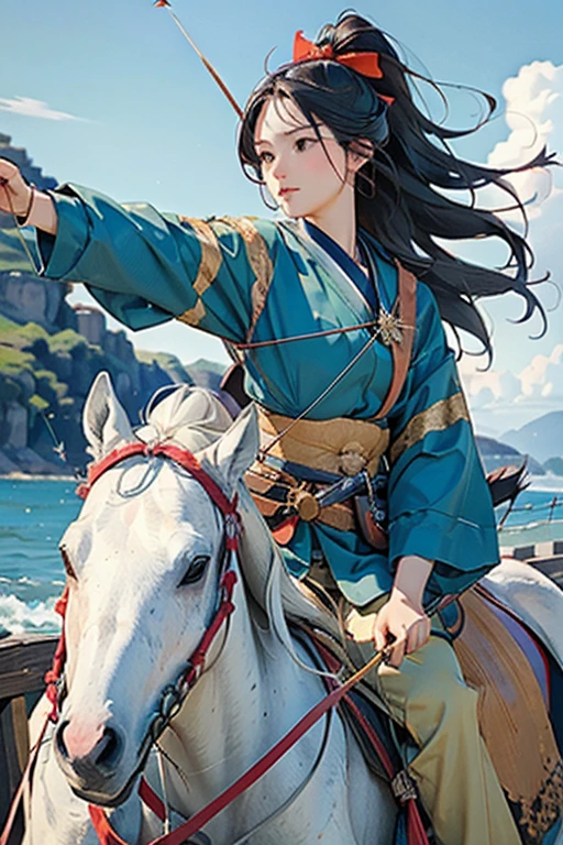 (masterpiece, Highest quality:1.2), It won, beautiful girl, horse riding, (From the right:1.2), (Holding a bow in his left hand:1.2), longbow, (Holding an arrow:1.2), (kaburaya:1.2), kyudou-hikiwake, Outstretched arms, Black Igote, Deerskin peeling, Galloping horses, Red Mussel, Sea side,