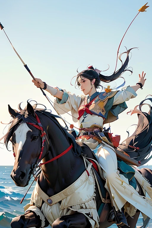 (masterpiece, Highest quality:1.2), It won, beautiful girl, horse riding, (From the right:1.2), (Holding a bow in his left hand:1.2), longbow, (Holding an arrow:1.2), (kaburaya:1.2), kyudou-hikiwake, Outstretched arms, Black Igote, Deerskin peeling, Galloping horses, Red Mussel, Sea side,