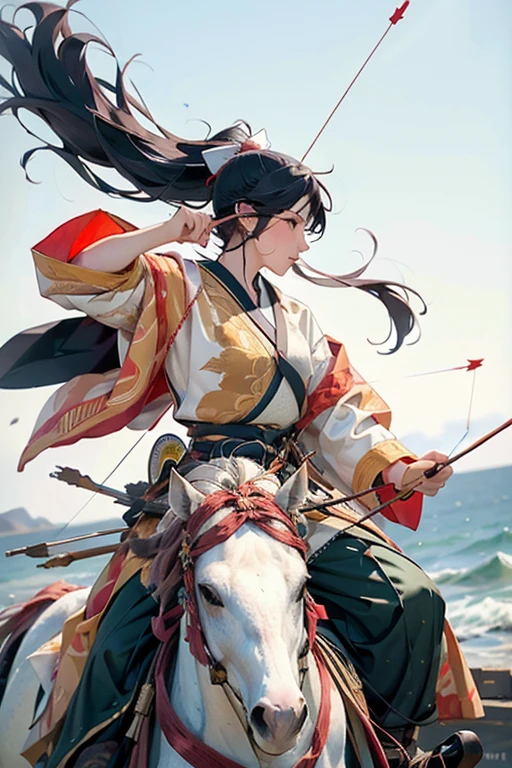 (masterpiece, Highest quality:1.2), It won, beautiful girl, horse riding, (From the right:1.2), (Holding a bow in his left hand:1.2), longbow, (Holding an arrow:1.2), (kaburaya:1.2), kyudou-hikiwake, Outstretched arms, Black Igote, Deerskin peeling, Galloping horses, Red Mussel, Sea side,