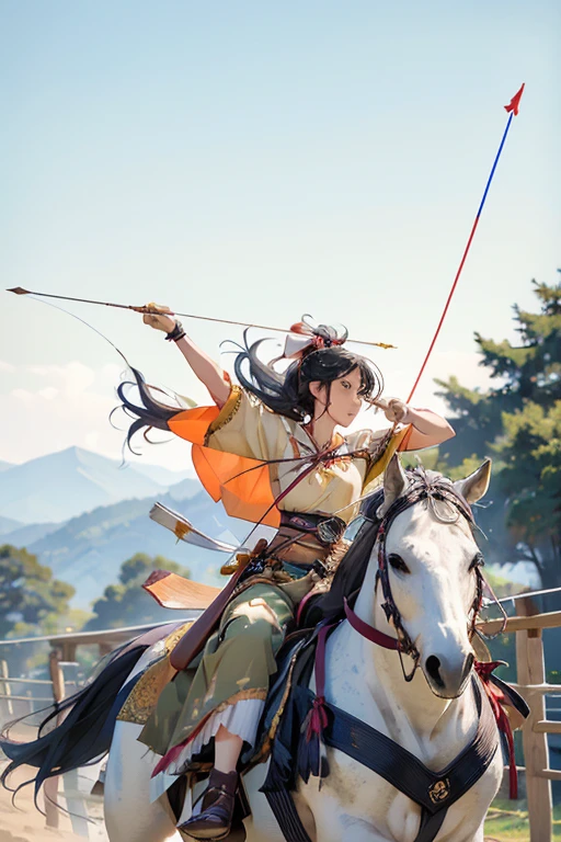 (masterpiece, Highest quality:1.2), It won, beautiful girl, horse riding, (From the right:1.2), (Holding a bow in his left hand:1.2), longbow, (Holding an arrow:1.2), (kaburaya:1.2), kyudou-hikiwake, Outstretched arms, Black Igote, Deerskin peeling, Galloping horses, Red Mussel, Sea side,