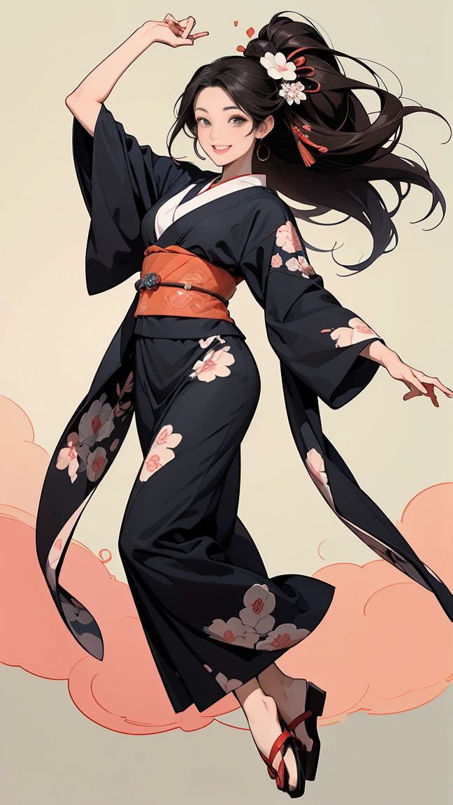 (SeaArt creates stunning illustrations of beautiful women in kimono)、Vividly colored Japanese Ukiyo-e style illustrations、A beautiful woman smiles and shows her upper white teeth、Brown-black long hair、Beautiful full body style、If you want to dance, let's dance, Tokyo Ondo, Yoi Yoi、Beautiful new digital paintings,、Bright vibrant digital anime art、 Beautiful anime portraits、background,Torii gate front of Japanese shrine、 Detailed digital anime art、