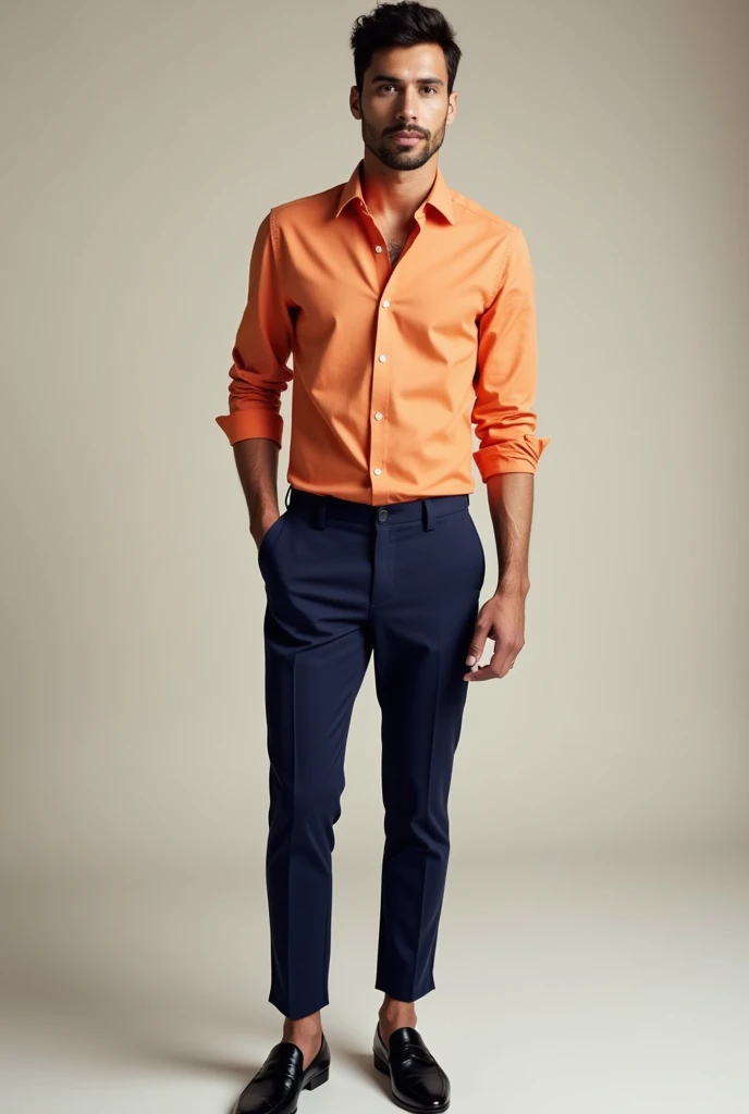 Light Orange shirt 
Navy bule pant 
Black loafers 