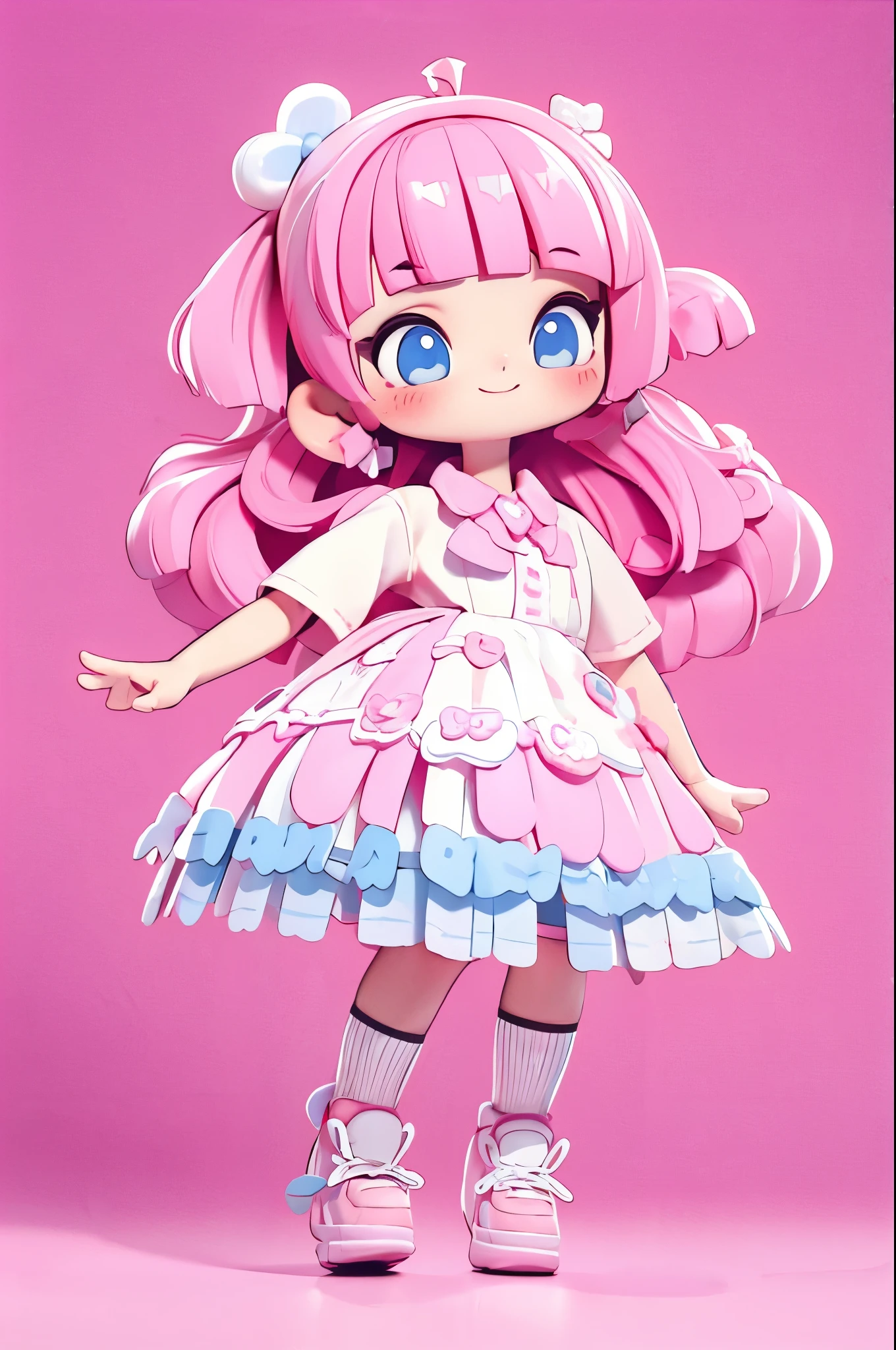 high resolution,smile,laugh,happy smile,woman,woman1人,adult,Clear,cute, ((chibi)), blunt bangs,wavy hair,Pink Hair,BREAK, Light blue eyes,BREAK, uniform,White shirt,BREAK,Pink checkered pleated skirt,BREAK, White loose socks,White sneakers,BREAK, ハートのヘアピンBREAK, Facing forward,BREAK,Pink background,