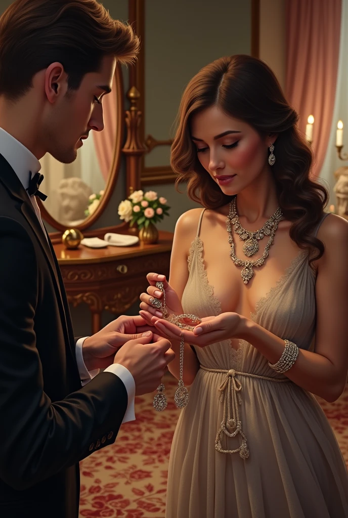 Woman showing her jewelry to another man in the bedroom
