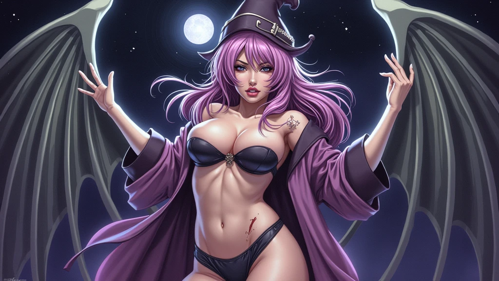 an extra sexy and voluptuous version of the Dark Magician Girl character from Yu-Gi-Oh! In hyperrealistic style , but instead of her typical bikini outfit and one side of her bra falling down revealing a breast. The full moon in the background illuminates her body