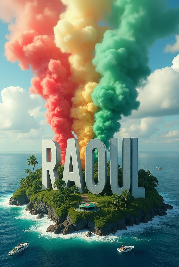 Une île verdoyante et luxuriante entourée par l'océan présente de grandes lettres blanches, semblables à des pierres, qui forment le mot RAOUL. Des nuages colorés de fumée rouge, orange, jaune et verte s'élèvent des lettres. Il y a une structure avec un toit vert près du bord, et quelques bateaux sont visibles dans l'eau autour de l'île. Une brume blanche ou des vagues s'écrasent de manière spectaculaire contre les bords rocheux de l'île.