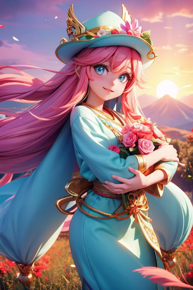 an animated character. a cute face girl, wise colorful eyes, pastel color, colourful very long hair, haft body, mythology clothing greek style, gorgeous hat, flowers vine, fantsy sky, shining star, Happy face feeling, fantasy town background, sunset mood and tone.