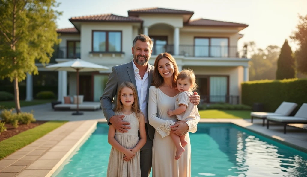 A married couple with two girls, aged 11 and 1, stand with their backs to the camera next to a luxurious two-story house with a swimming pool in sunny weather, full body