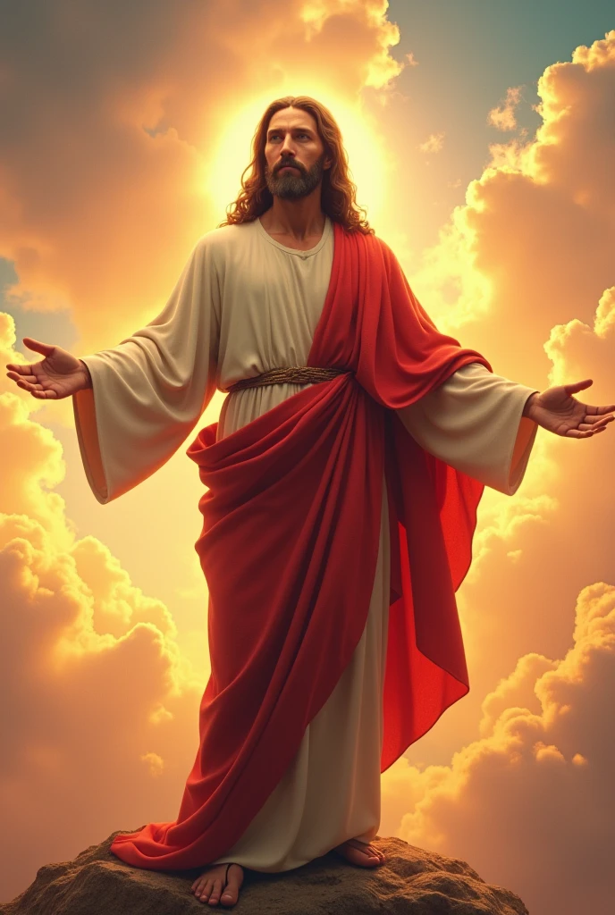 A portrait of Jesus, Whole body, sky, clouds, sunset, sacred aura, Kinematic, Realistic light