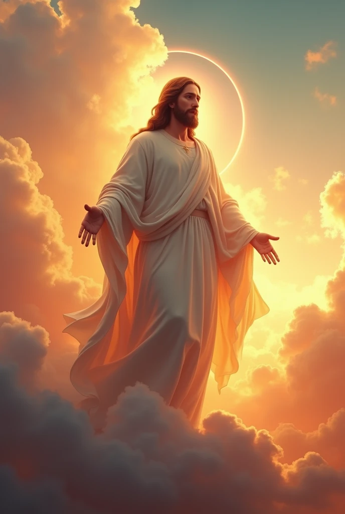 A portrait of Jesus, Whole body, sky, clouds, sunset, sacred aura, Kinematic, Realistic light