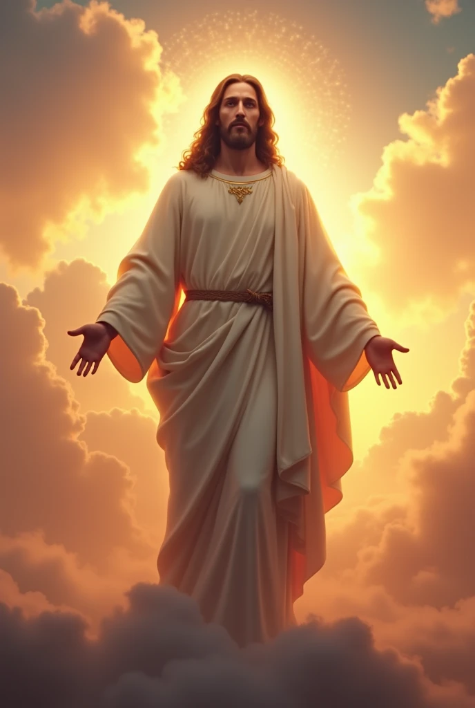 A portrait of Jesus, Whole body, sky, clouds, sunset, sacred aura, Kinematic, Realistic light