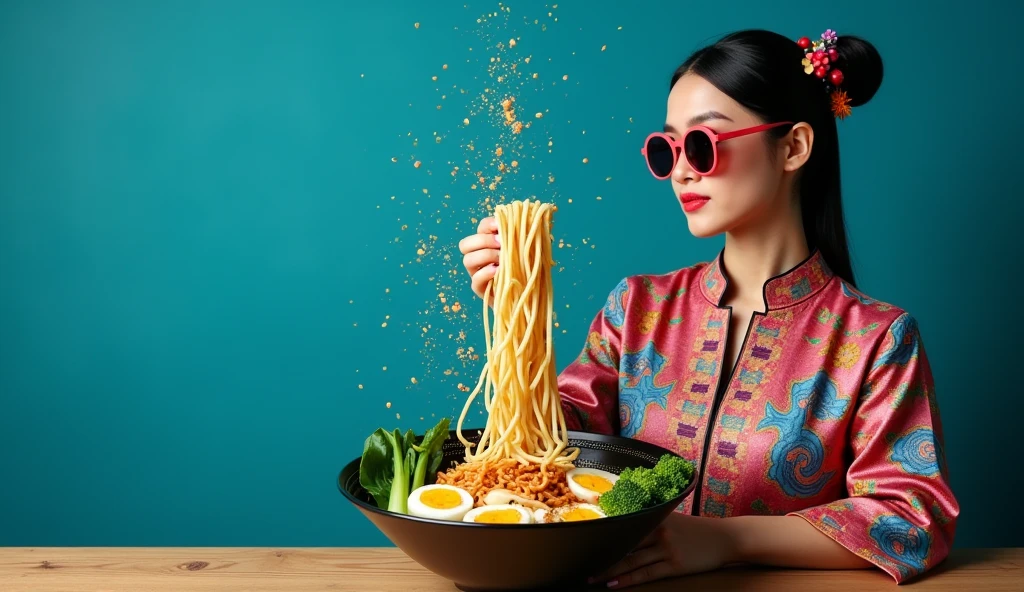 This vibrant advertisement showcases a stylish young woman promoting a food and restaurant creative agency that specializes in food photography. The woman is dressed in modern yet traditional Asian attire, featuring intricate floral designs and vibrant colors. She wears stylish round sunglasses, and her hair is adorned with colorful accessories, giving her an edgy and fashionable appearance. In the foreground, there is a large bowl of ramen noodles, beautifully garnished with green onions, bok choy, broccoli, and halved boiled eggs. The most dynamic element of the image is the dramatic pour of noodles, captured in mid-air as they splash into the bowl, creating a sense of motion and excitement. The background is a rich blue, which contrasts beautifully with the vibrant colors of the food and the woman's attire