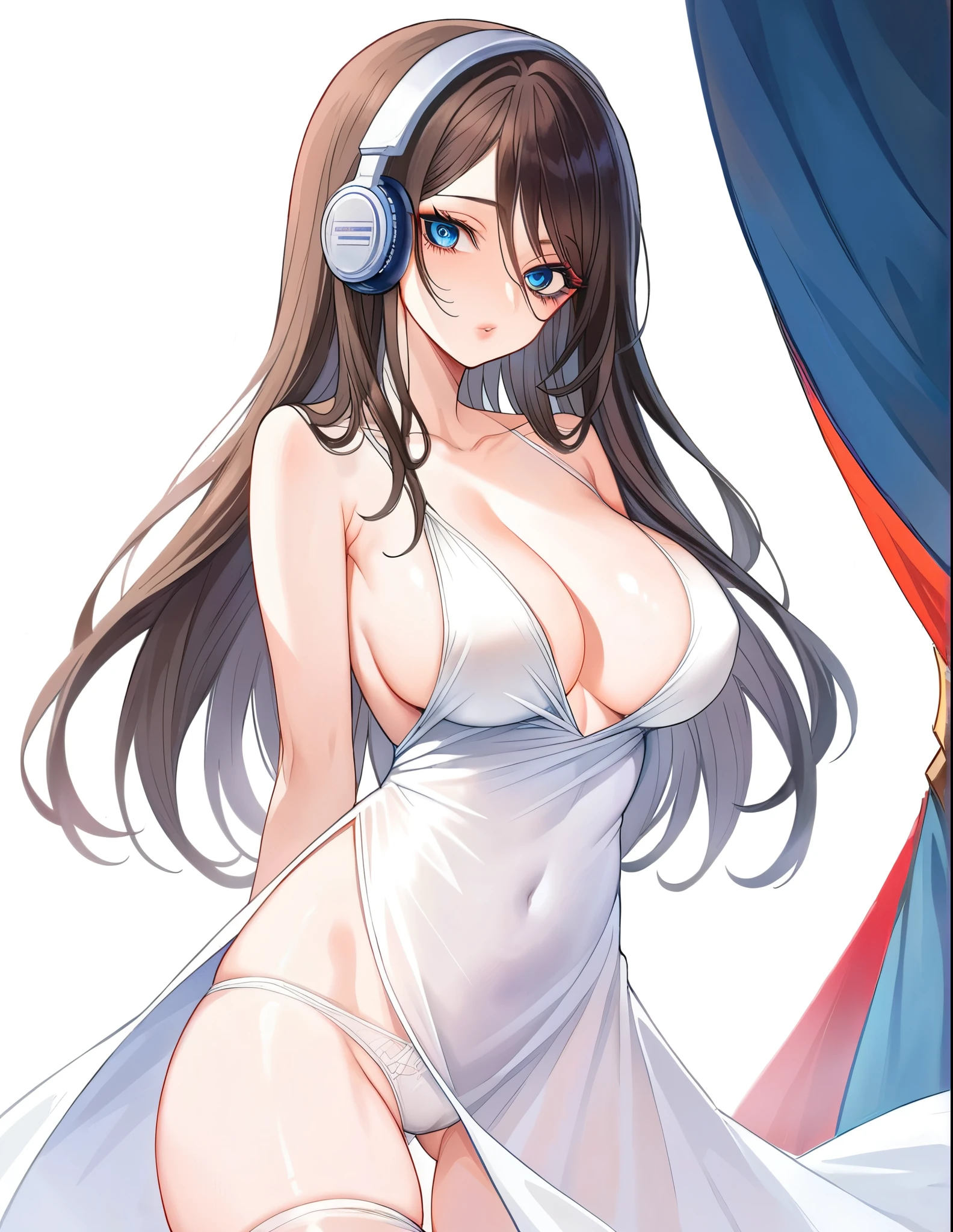 1girl, elegant erotic beautiful girl, big breasts, ((brown hair)), maxi dress, adultery, indecent, vulgar, Nakano Miku, intricate details, delicate facial features, beautiful blue eyes, ulzzang, long eyelashes, small nose, full lips, porcelain skin, natural lighting, warm color palette, chiaroscuro lighting, dramatic shadows, sensual, alluring, mature themes, artistic, dreamlike, ethereal, ((arms behind back)), thigh highs, ((white panties)), sideboob, cleavage, looking at viewer, ulzzang, (blue eyes), sexy, submissive, orgasm,headphones,
