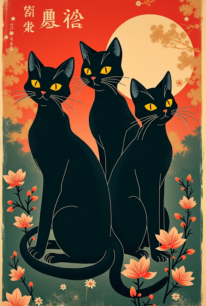Retro Japanese black cats poster