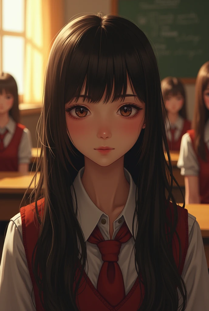 (photorealism:1.2), beautiful bangs cut girl in a classroom, wearing school uniform in class , soft lighting, mean girls in background, window with sunlight, cozy classroom, bulling pose, realistic, intricate details, warm colors, by Greg Rutkowski, by Alphonse Mucha