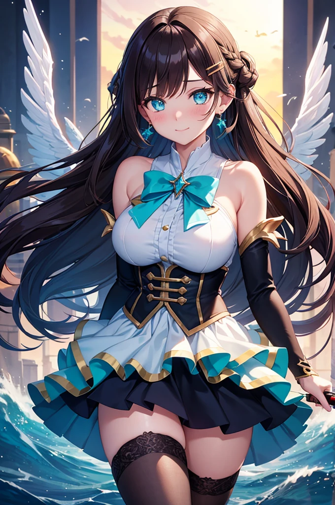 A beautiful girl in a short skirt holding a sword and a bird, outside, night, (magical girl), beige leotard, fluffy layered skirt, thigh highs, bow, wand, wings, flying, floating, big rounds breasts, dark brown hair, long bangs, french braid, long hair, wavy hair, expressive hair, shiny hair, hairclip, hair ribbon, jewelry, aqua eyes, glowing eyes, pupils sparkling, earrings, blush, light smile, shy, embarrassed, nervous smile, beautiful detailed eyes, natural lighting, high detail, anime, anime style, depth of field, cinematic lighting, game CG, dithering, image fill, multiple views, wide shot, from above, from behind, from below, atmospheric perspective, perspective, panorama, Wide-Angle, f/1.8, 85mm, Nikon, 8k, super detail, masterpiece, retina, masterpiece, accurate, anatomically correct, textured skin, high details, best quality, highres, 16k