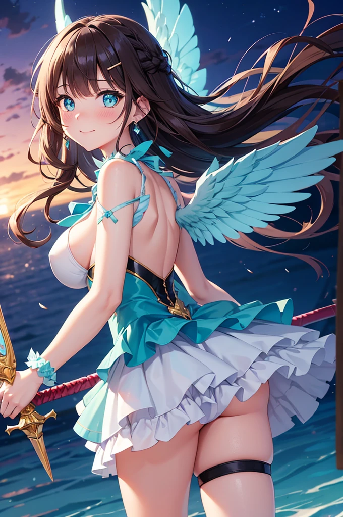 A beautiful girl in a short skirt holding a sword and a bird, outside, night, (magical girl), turquoise leotard, fluffy layered skirt, thigh highs, bow, wand, wings, flying, floating, big rounds breasts, dark brown hair, long bangs, french braid, long hair, wavy hair, expressive hair, shiny hair, hairclip, hair ribbon, jewelry, aqua eyes, glowing eyes, pupils sparkling, earrings, blush, light smile, shy, embarrassed, nervous smile, beautiful detailed eyes, natural lighting, high detail, anime, anime style, depth of field, cinematic lighting, game CG, dithering, image fill, multiple views, wide shot, from above, from behind, from below, atmospheric perspective, perspective, panorama, Wide-Angle, f/1.8, 85mm, Nikon, 8k, super detail, masterpiece, retina, masterpiece, accurate, anatomically correct, textured skin, high details, best quality, highres, 16k