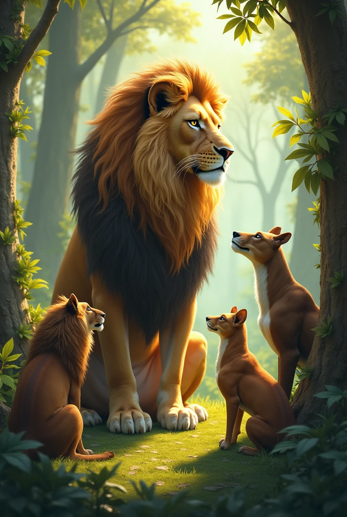 A lion talking with the animals around him