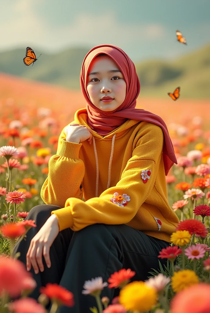 A beautiful Korean girl with smooth white skin, well-groomed face, faint smile, yellow and red knit hoodie decorated with floral motifs, yellow and red hijab, black cargo pants, sitting among colorful blooming flowers that grow beautifully, in a wide expanse of flowers, in the background behind. beautiful butterflies flying left and right, real photo, realistic