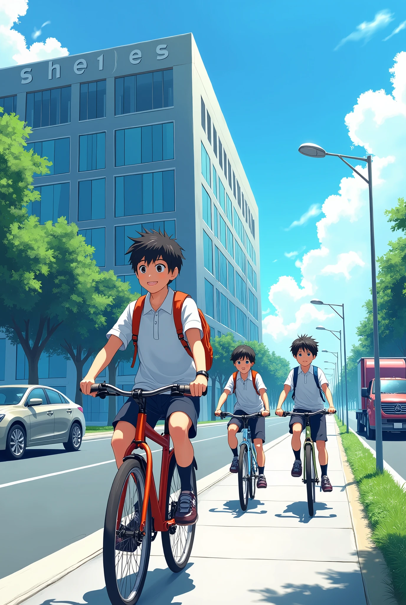 "Create a 4K anime-style scene depicting a group of boys heading to school. The boys are outside the school building, riding their bicycles on a wide, clean sidewalk. The school is modern, with large windows and a sleek design, located near a bustling shopping mall. In the background, a busy highway runs parallel to the school, with cars and trucks moving in both directions. The sky is bright and clear, adding a vibrant atmosphere to the scene. The boys are smiling, wearing their school uniforms, with backpacks slung over their shoulders, ready for a day of learning and adventure."