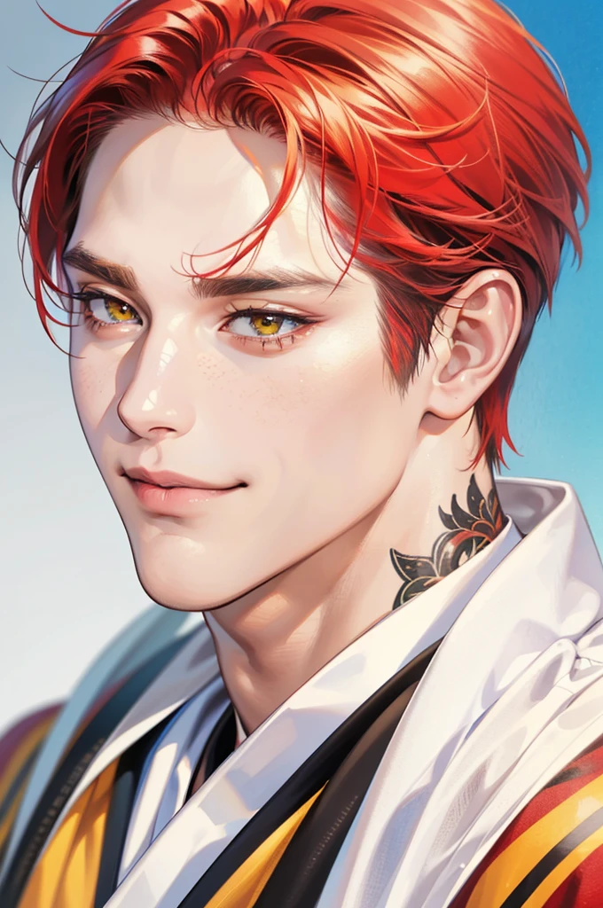 (best quality,4k,8k,highres,masterpiece:1.2),ultra-detailed,(realistic,photorealistic,photo-realistic:1.37),30 year old man,handsome anime,portraits,strong,masculine,red hair,tattoos on neck,sharp jawline,yellow eyes,perfectly styled hair,short hair, cool anime outfit,confident expression,vibrant colors,dynamic lighting,smile lips