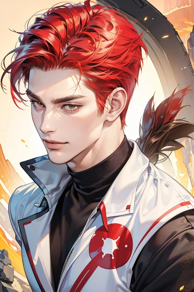 (best quality,4k,8k,highres,masterpiece:1.2),ultra-detailed,(realistic,photorealistic,photo-realistic:1.37),30 year old man,handsome anime,portraits,strong,masculine,red hair,tattoos on neck,sharp jawline,yellow eyes,perfectly styled hair,short hair, cool anime outfit,confident expression,vibrant colors,dynamic lighting,smile lips