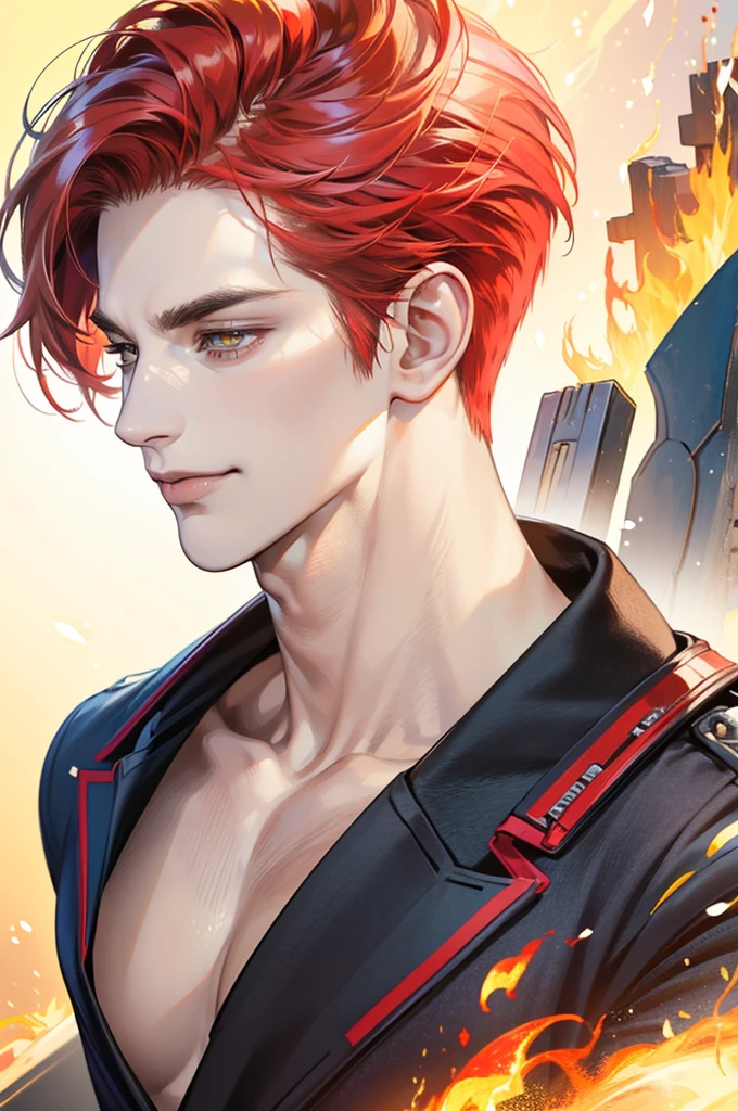 (best quality,4k,8k,highres,masterpiece:1.2),ultra-detailed,(realistic,photorealistic,photo-realistic:1.37),30 year old man,handsome anime,portraits,strong,masculine,red hair,tattoos on neck,sharp jawline,yellow eyes,perfectly styled hair,short hair, cool anime outfit,confident expression,vibrant colors,dynamic lighting,smile lips