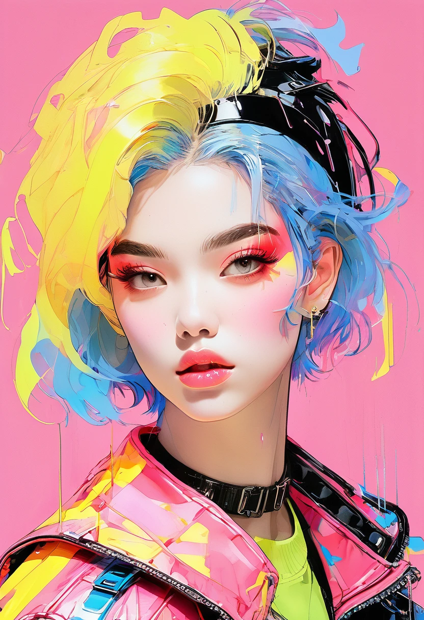(masterpiece, Highest quality:1.4), 1 person, solo, Anime Style, colorful students, Blurred vision, Eat a popsicle, Pink lower lip, Cyberpunk makeup, Silver asymmetrical short hair, Asymmetrical short hairstyles, Long bangs on one side, Color Highlights, Black off-the-shoulder leather jacket, Pure Yellow Background.