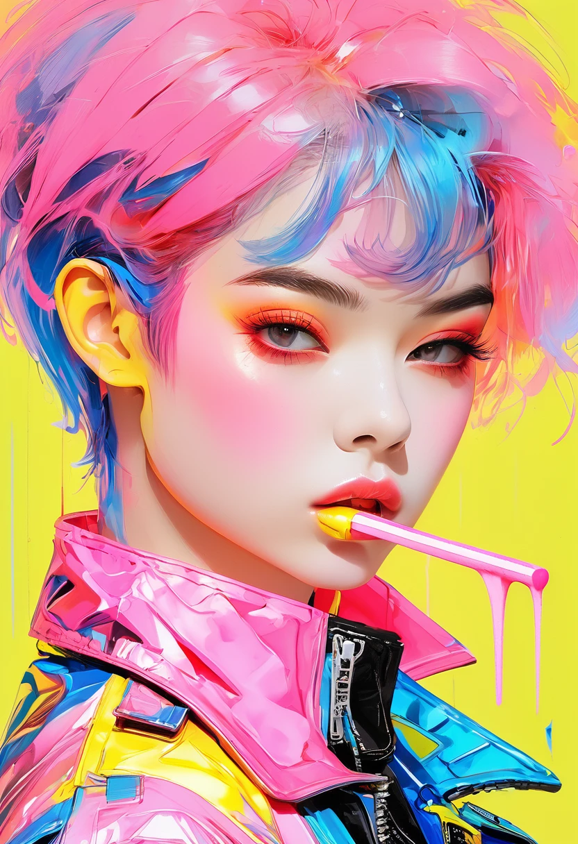 (masterpiece, Highest quality:1.4), 1 person, solo, Anime Style, colorful students, Blurred vision, Eat a popsicle, Pink lower lip, Cyberpunk makeup, Silver asymmetrical short hair, Asymmetrical short hairstyles, Long bangs on one side, Color Highlights, Black off-the-shoulder leather jacket, Pure Yellow Background.