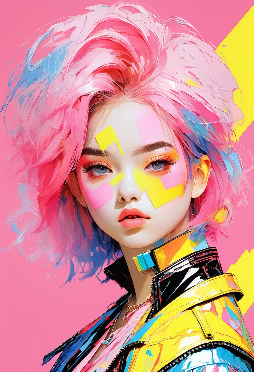 (masterpiece, Highest quality:1.4), 1 person, solo, Anime Style, colorful students, Blurred vision, Eat a popsicle, Pink lower lip, Cyberpunk makeup, Silver asymmetrical short hair, Asymmetrical short hairstyles, Long bangs on one side, Color Highlights, Black off-the-shoulder leather jacket, Pure Yellow Background.