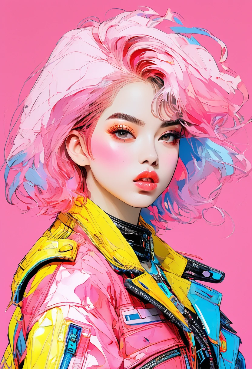 (masterpiece, Highest quality:1.4), 1 person, solo, Anime Style, colorful students, Blurred vision, Eat a popsicle, Pink lower lip, Cyberpunk makeup, Silver asymmetrical short hair, Asymmetrical short hairstyles, Long bangs on one side, Color Highlights, Black off-the-shoulder leather jacket, Pure Yellow Background.