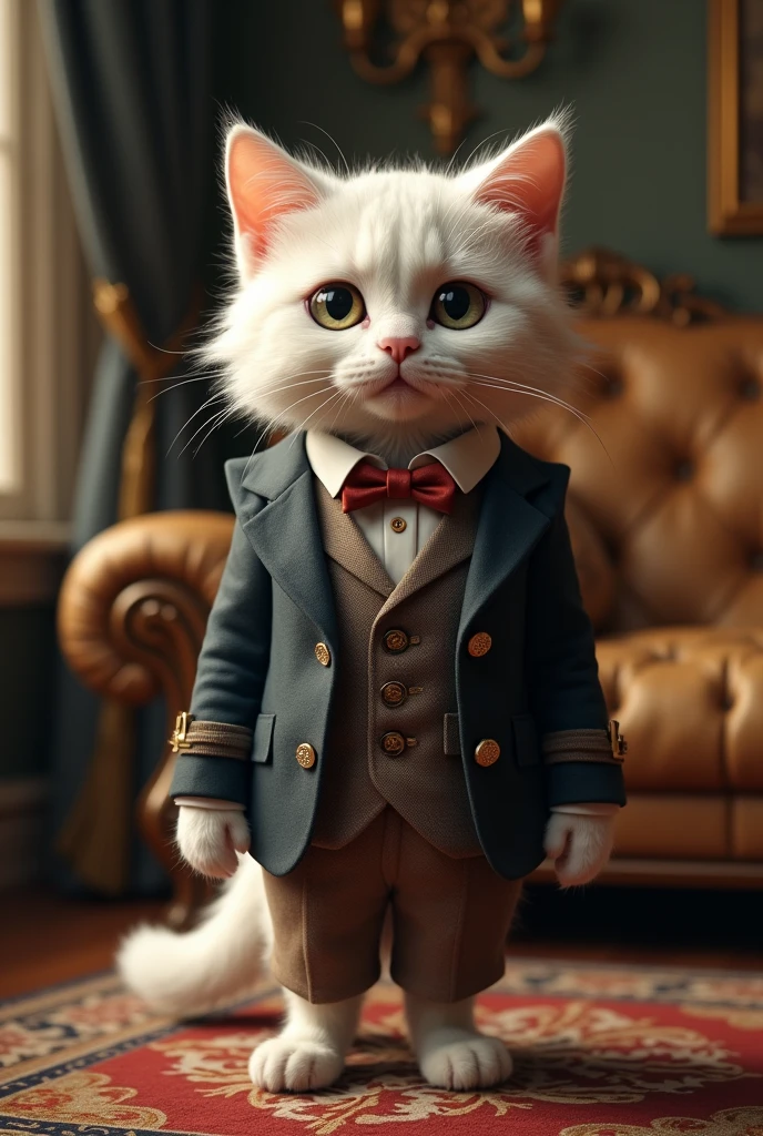 A white cat wearing beautiful suit is standing inside a beautiful house.