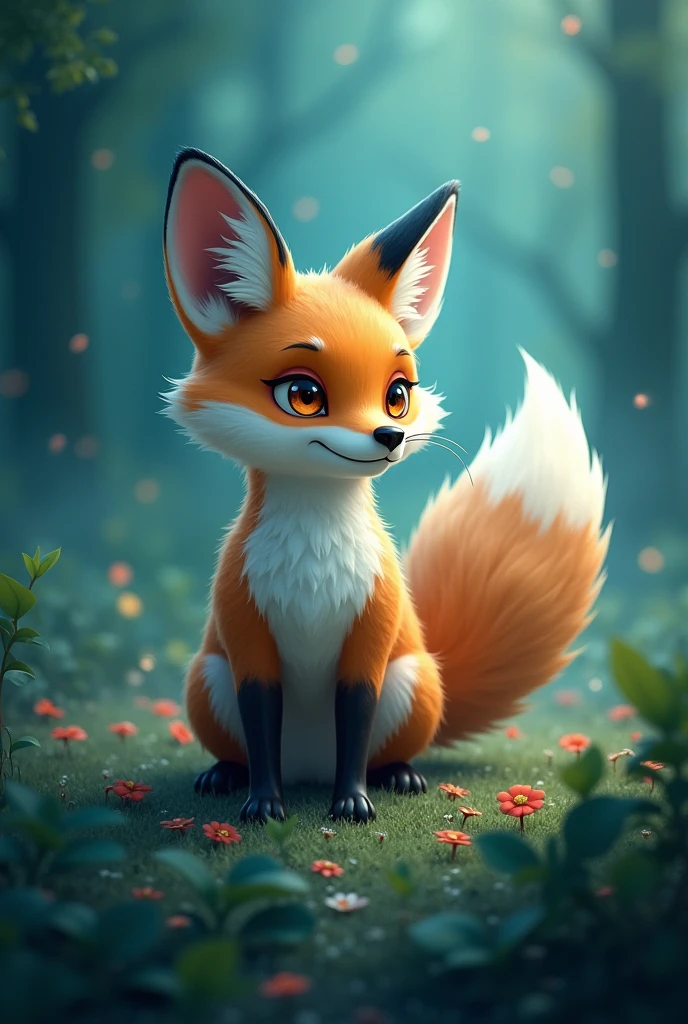 Cute Fox with fog in dark blue mixed green with showed 9 tails and showing its intelligence aesthetic sticker