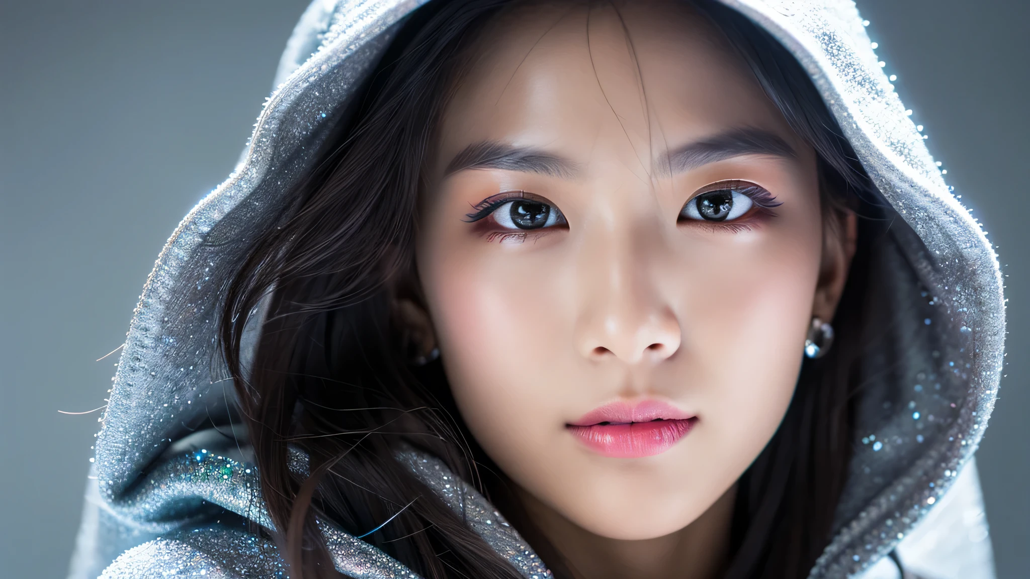 (Detailed face),vivid,Silver glitter hoodie,4K,Ultra-high resolution,(Photorealistic:1.7),Gray background,Long black hair,