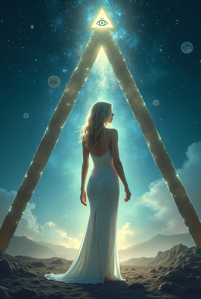label for beer "MONJE OF SKY": central character: A pretty woman, 200cm tall wide hips, beautiful and blonde in an elegant dress, barefoot. Symbolic Element: The woman is located inside an equilateral triangle, that stands out in the design. bottom: A starry night sky, using light and soft colors. Mystical element: in the sky, There is a second smaller equilateral triangle with an eye in the center (in the style "All-seeing eye").