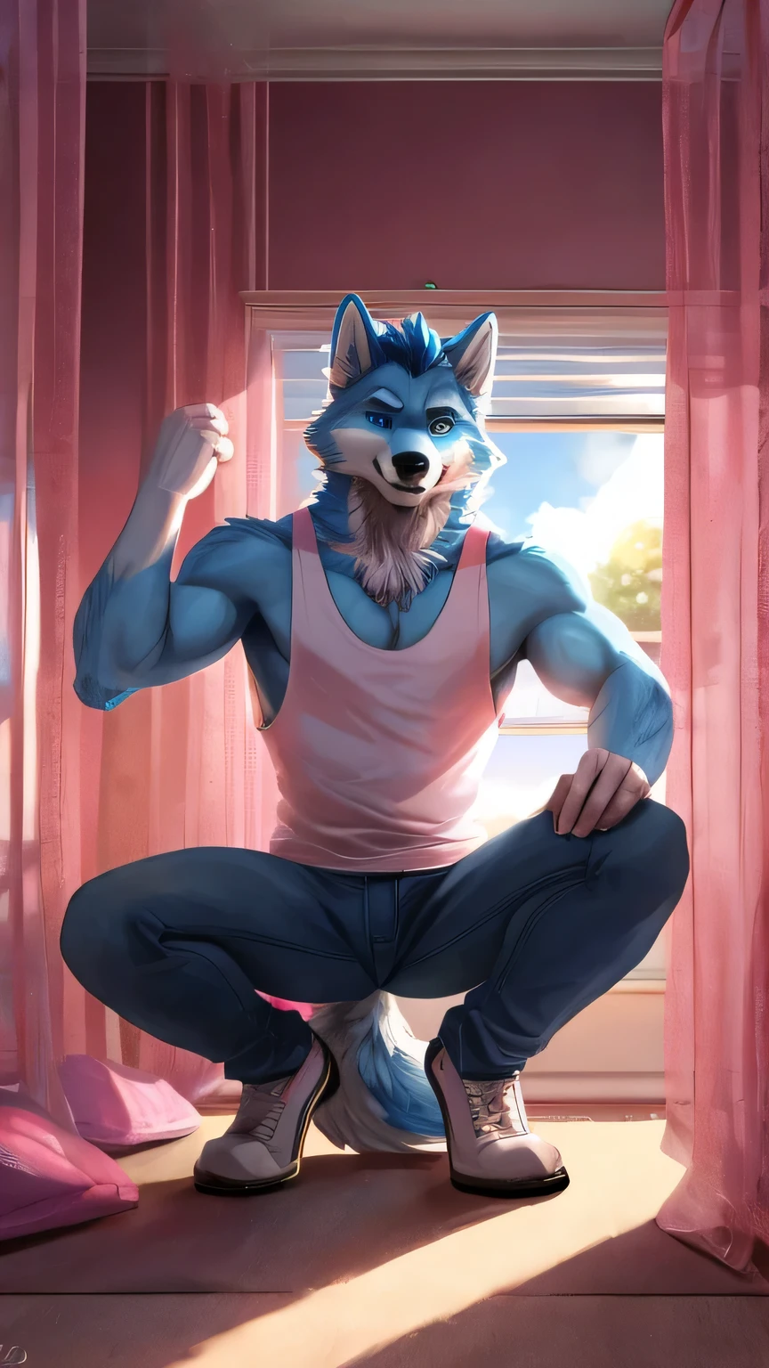 furry, male wolf, squatting posture, hairy blue eyes, jeans, sky blue tank top in a pink room, Windows, White curtains, open legs, fluffy Tail