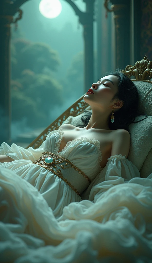 In the depths of Wonderland,The moonlight falls like water,foggy room,The figure of Korean mom the heroine is sleeping with her 20 year old son,Just like the fairy in the painting,Slender sexy legs,Very nice legs,Beautiful big breasts with a hint of mystery。Her face is beautiful and delicate,Like finely carved jade,Showing otherworldly beauty。The eyebrows are picturesque,Long eyebrows to temples,The waves in my eyes are like twinkling stars,Show the light of perseverance and wisdom。The bridge of the nose is straight,Lip color like cherry,The slightly raised corners of the mouth reveal confidence and calmness。Her face is well defined,The skin is as fair as jade,Reveals a healthy glow,Not like a fairy'Don’t eat the fireworks of the world。Her makeup is light and delicate,Not too much embellishment,But enough to show her temperament and charm。Light-colored foundation brings out the transparency of the skin,A light eyebrow pencil outlines her perfect eyebrow shape,Eye makeup is eye shadow and eyeliner,Make her eyes brighter and more energetic。Lips painted with grace lipstick,Adds a bit of charm and sophistication。Her clothes are graceful and chic,Wearing white clothes to win the snow,Clothes flutter,It seems like it will be blown up by the wind at any time,drifting into the distance。Beautifully embroidered patterns on clothes,Without losing grace,Also showed her extraordinary skills。A wide belt is tied around the waist,There is a crystal clear jade pendant hanging on it,Rocking with her movements。Her hair is tied back casually,Secure it with a hosta,A few strands of hair are fluttering gently in the wind,Adds a bit of softness。Her figure is looming in the fairyland,Like a landscape of Beautiful big breasts,attracted everyone's attention。She seems to be an elf in fairyland,Beautiful big breasts、grace、mystery、and full of power。