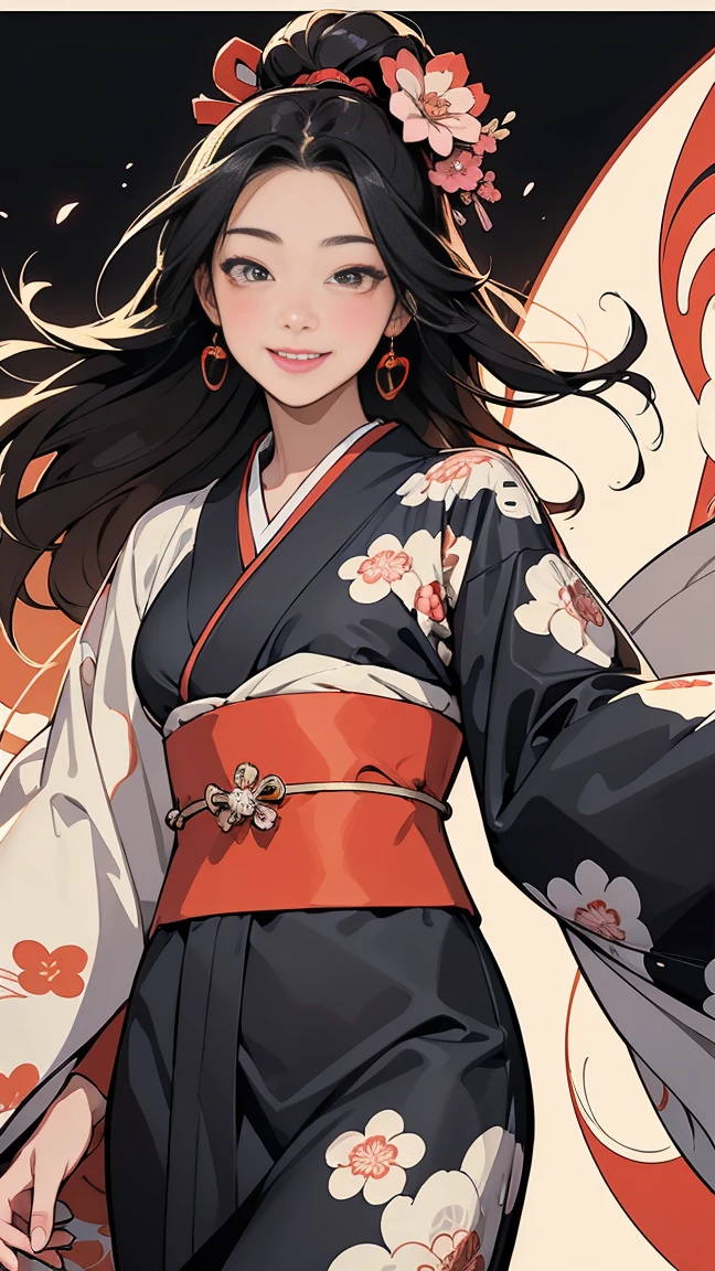 (SeaArt creates stunning illustrations of beautiful women in kimono)、Vividly colored Japanese Ukiyo-e style illustrations、A beautiful woman smiles and shows her upper white teeth、Brown-black long hair、Beautiful full body style、If you want to dance, let&#39;s dance, Tokyo Ondo, Yoi Yoi、Beautiful new digital paintings,、Bright vibrant digital anime art、 Beautiful anime portraits、background,Torii gate front of Japanese shrine、 Detailed digital anime art、